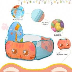   Gyerek sátor, cicás játszóház kosárlabda palánkkal, állatfigurákkal, többszínű, beltéri-kültéri, 120x40x74 cm