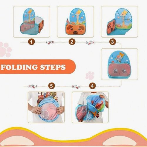 Gyerek sátor, cicás játszóház kosárlabda palánkkal, állatfigurákkal, többszínű, beltéri-kültéri, 120x40x74 cm