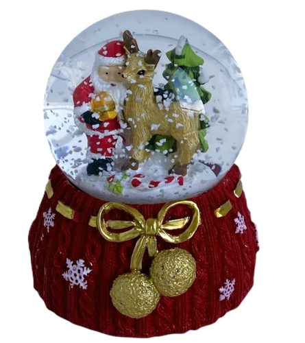 Karácsonyi hógömb, karácsonyi dísz, Mikulás-őzike figurával, 10 cm x 8 cm