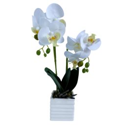   Művirág, élethű orchidea négyzet alakú kerámia cserépben- 35 cm, fehér