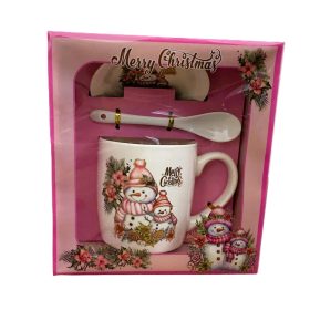   Karácsonyi porcelán bögre szett, kanállal és alátéttel, hóemberes minta, díszdobozban 