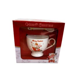   Karácsonyi porcelán szett, csésze kiskanállal, díszdobozban, karácsonyfa, ajándékok, szán mintával