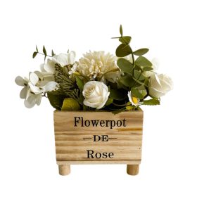   Művirágok fa tartóban, fehér-krém színben, 12 x 8 x 16 cm 