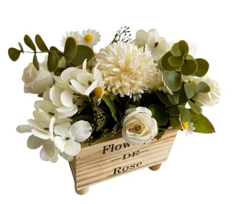 Művirágok fa tartóban, fehér-krém színben, 12 x 8 x 16 cm 