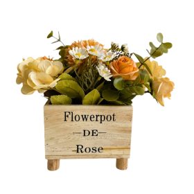   Művirágok fa tartóban, fehér-barack színben, 12 x 8 x 16 cm