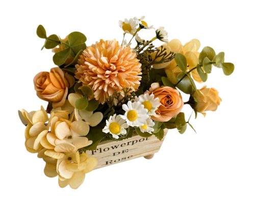 Művirágok fa tartóban, fehér-barack színben, 12 x 8 x 16 cm