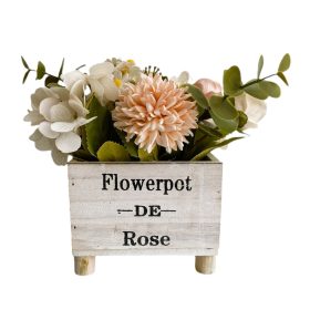  Művirágok fa tartóban, rózsaszín-fehér színben,  12 x 8 x 16 cm