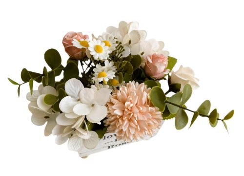 Művirágok fa tartóban, rózsaszín-fehér színben,  12 x 8 x 16 cm