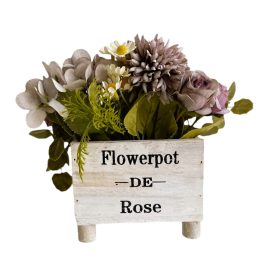   Művirágok fa tartóban, lila-fehér színben, 12 x 8 x 16 cm