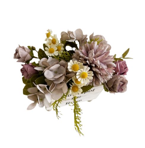 Művirágok fa tartóban, lila-fehér színben, 12 x 8 x 16 cm