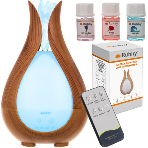 Ruhhy ultrahangos aroma diffúzór éjszakai LED lámpával, 3 db illóolajjal, barna, 21 x 12,7 cm