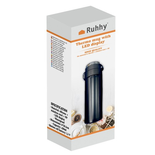 Ruhhy termosz led kijelzővel, rozsdamentes, fekete, 420 ml, hidegen-melegen tartó
