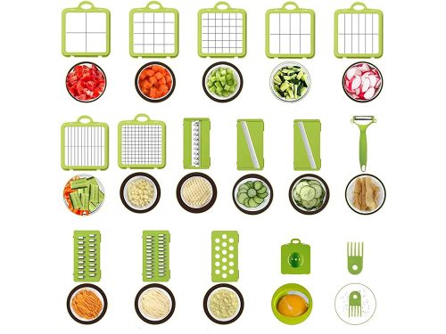 Szeletelő-aprító, reszelő zöldségekhez, gyümölcsökhöz, káposztához, 13 db cserélhető betéttel