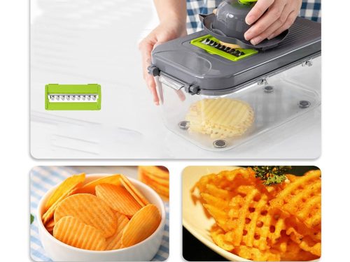 Szeletelő-aprító, reszelő zöldségekhez, gyümölcsökhöz, káposztához, 13 db cserélhető betéttel