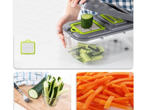 Szeletelő-aprító, reszelő zöldségekhez, gyümölcsökhöz, káposztához, 13 db cserélhető betéttel