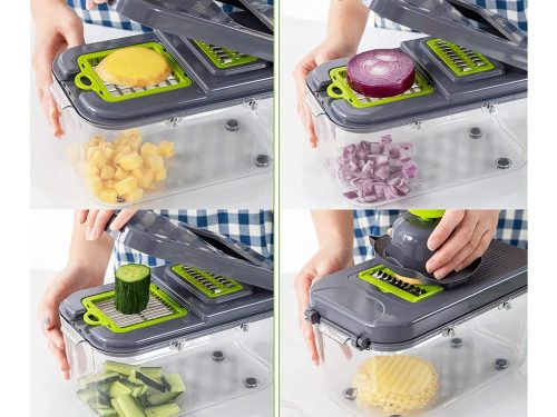 Szeletelő-aprító, reszelő zöldségekhez, gyümölcsökhöz, káposztához, 13 db cserélhető betéttel