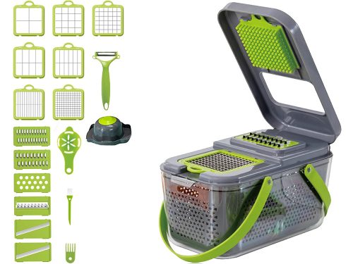 Szeletelő-aprító, reszelő zöldségekhez, gyümölcsökhöz, káposztához, 13 db cserélhető betéttel