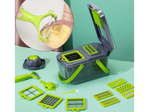 Szeletelő-aprító, reszelő zöldségekhez, gyümölcsökhöz, káposztához, 13 db cserélhető betéttel