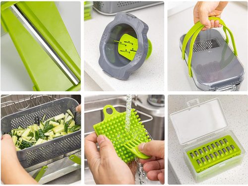 Szeletelő-aprító, reszelő zöldségekhez, gyümölcsökhöz, káposztához, 13 db cserélhető betéttel