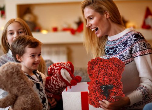 Rózsa maci, örökrózsa,  díszdobozban, XL méret, 24 cm