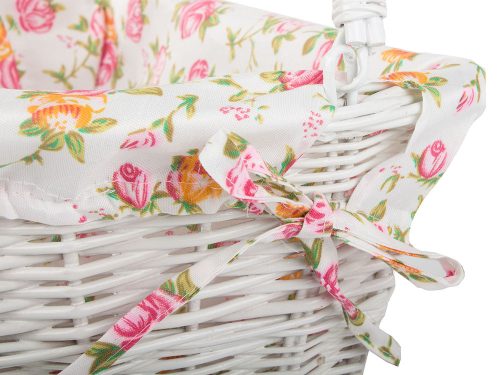 Kerékpár kosár, fonott kosár, virágmintás huzattal, hordozható, fehér