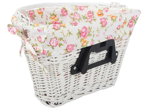 Kerékpár kosár, fonott kosár, virágmintás huzattal, hordozható, fehér