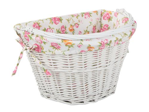 Kerékpár kosár, fonott kosár, virágmintás huzattal, hordozható, fehér