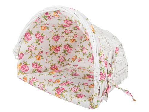 Kerékpár kosár, fonott kosár, virágmintás huzattal, hordozható, fehér