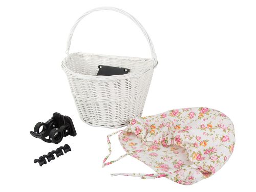 Kerékpár kosár, fonott kosár, virágmintás huzattal, hordozható, fehér