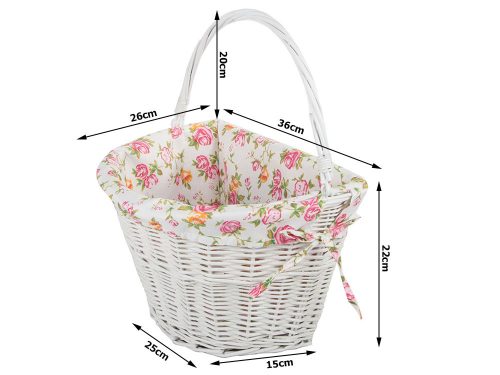 Kerékpár kosár, fonott kosár, virágmintás huzattal, hordozható, fehér