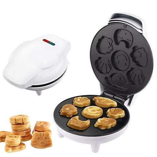 Elektromos gofrisütő 1200W – mintás sütőlapokkal (állatos, karácsonyi, mosolygós minták)