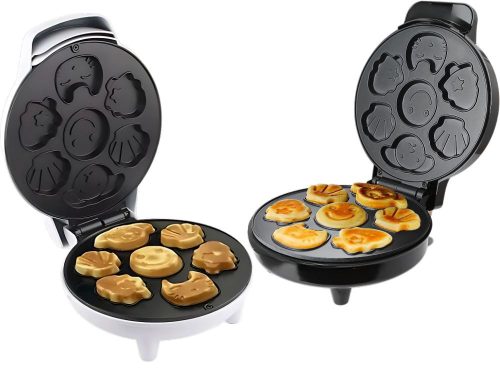 Elektromos gofrisütő 1200W – mintás sütőlapokkal (állatos, karácsonyi, mosolygós minták)