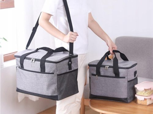 Termikus hűtőtáska, 16 literes, 3 zsebbel,  utazáshoz, strandra, kempingezéshez, szürke, 30x27x20 cm