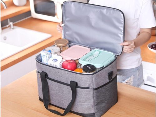 Termikus hűtőtáska, 16 literes, 3 zsebbel,  utazáshoz, strandra, kempingezéshez, szürke, 30x27x20 cm