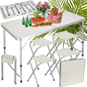   Összecsukható turista asztal szett 4 székkel, állítható magasság, krém szín – 120x60 cm