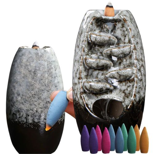 Kerámia vízesés füstölőtartó + 10 füstölő – aromaterápiás illat kandalló, szürke, 20cm x 9cm 