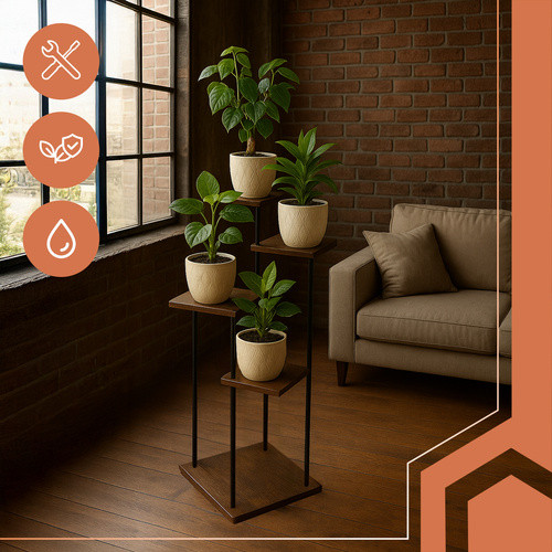 Ruhhy 5 Szintes Loft Álló Virágtartó, Virágállvány – Fém Váz, Fa Hatású Polcokkal