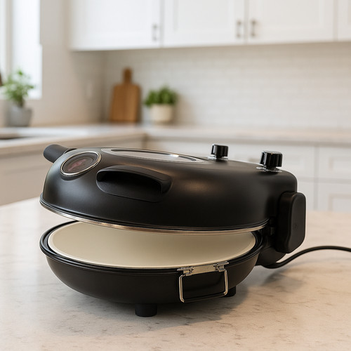 RUHHY elektromos pizzasütő kerámia kővel – 450°C, 5 hőfokozat, 1200W, hőmérő, spatula és vágó készlettel