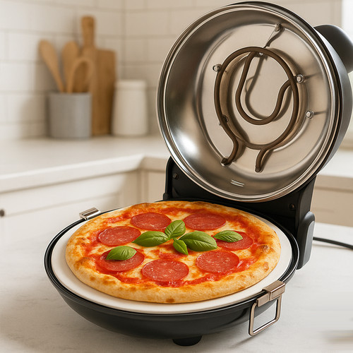 RUHHY elektromos pizzasütő kerámia kővel – 450°C, 5 hőfokozat, 1200W, hőmérő, spatula és vágó készlettel