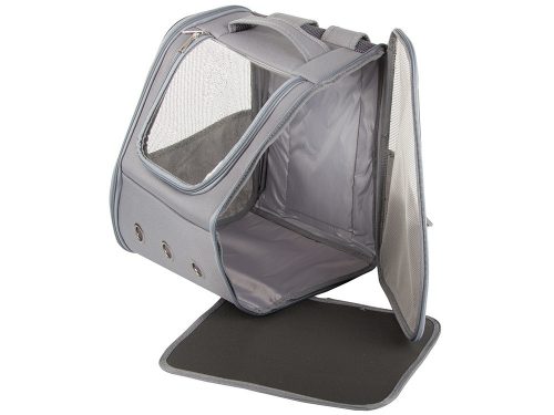 Hordtáska hátizsák kutyáknak, macskáknak és nyulaknak – szellőző ablakos, szürke (37 × 32 × 28 cm)