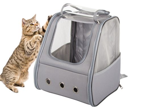 Hordtáska hátizsák kutyáknak, macskáknak és nyulaknak – szellőző ablakos, szürke (37 × 32 × 28 cm)