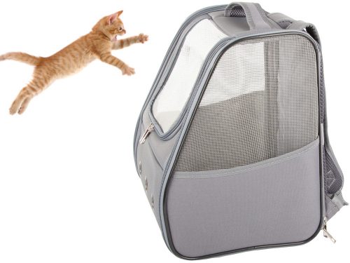 Hordtáska hátizsák kutyáknak, macskáknak és nyulaknak – szellőző ablakos, szürke (37 × 32 × 28 cm)