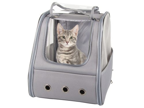 Hordtáska hátizsák kutyáknak, macskáknak és nyulaknak – szellőző ablakos, szürke (37 × 32 × 28 cm)