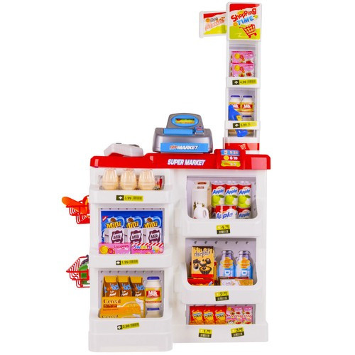 Gyermek játék szupermarket bevásárlókocsival, kiegészítőkkel, hang- és fény effektusok