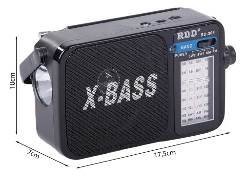 Konyharádió / hordozható építési rádió – RDD RD-306 X-BASS, FM/AM/SW, újratölthető, zseblámpával