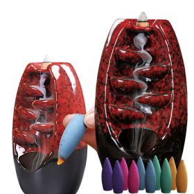   Kerámia vízesés füstölőtartó + 10 füstölő – aromaterápiás illat kandalló, piros, 20cm x 9cm