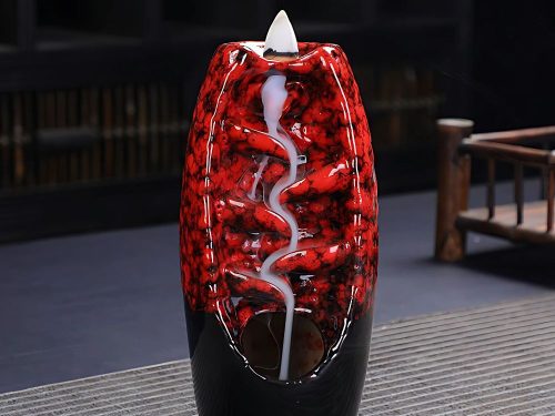 Kerámia vízesés füstölőtartó + 10 füstölő – aromaterápiás illat kandalló, piros, 20cm x 9cm