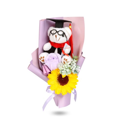 Műnövény dekoráció - napraforgó, macival - 14 x 10,5 x 26 cm