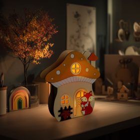   Világító dekoráció - gomba ház rókával - 15 x 16 x 5 cm - fából