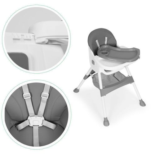 Gyerek etetőszék tálcával és kosárral 5 pontos biztonsági övvel szürke